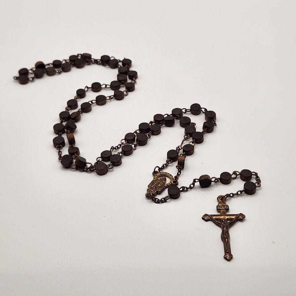 Vintage Devotional Rosary With Brown Beads And Metal Crucifix